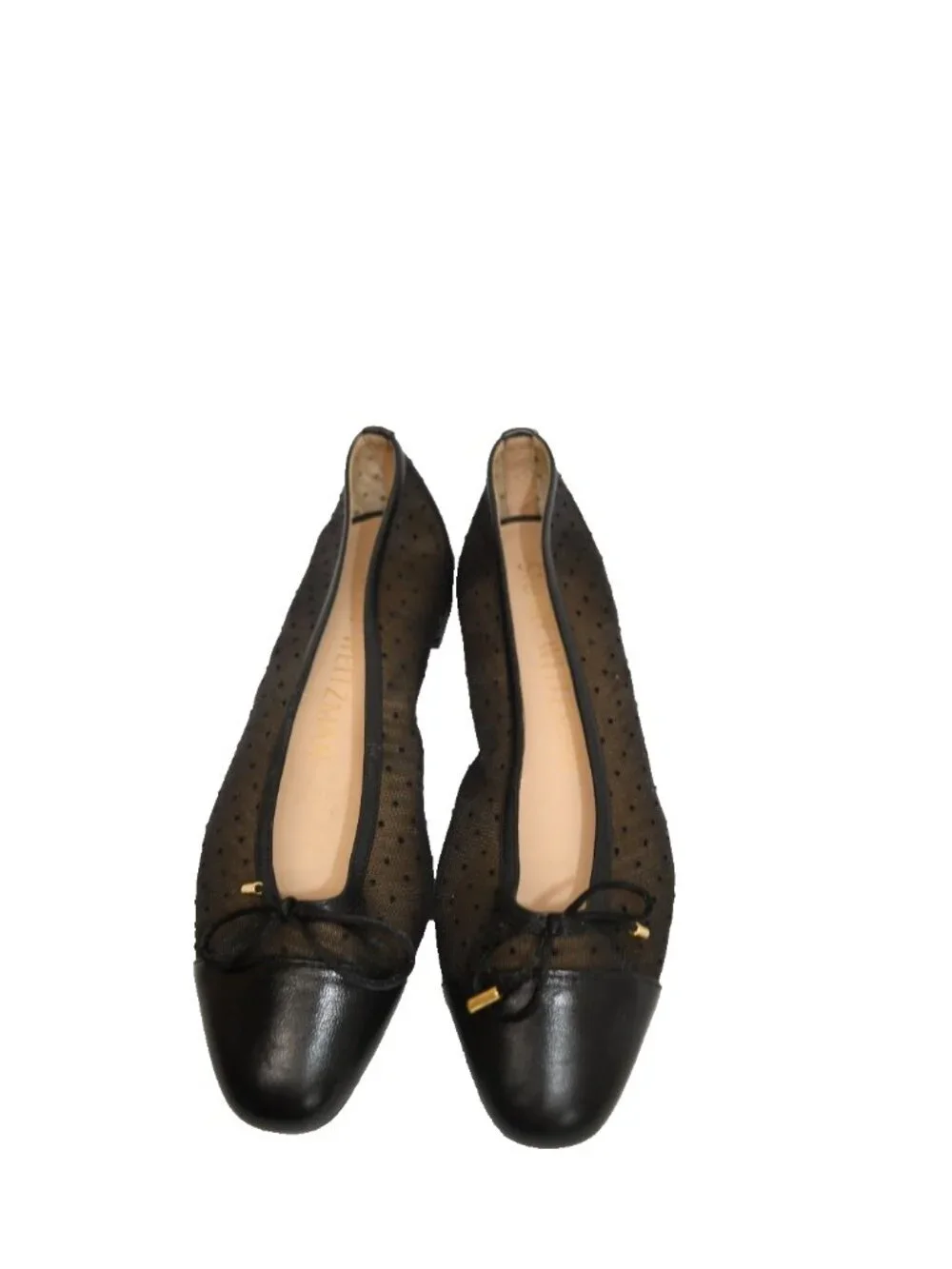 $480 STUART WEITZMAN Pin Dot Leather & Mesh Bow Flats BALLET BLACK 7 (PD17)
